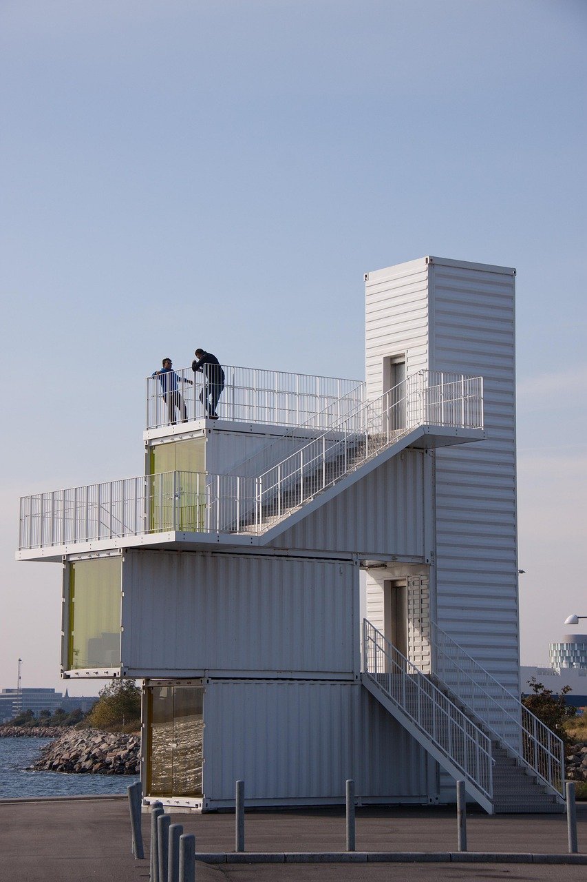 containers, tower, viewing platform, harbor, stairs, berth